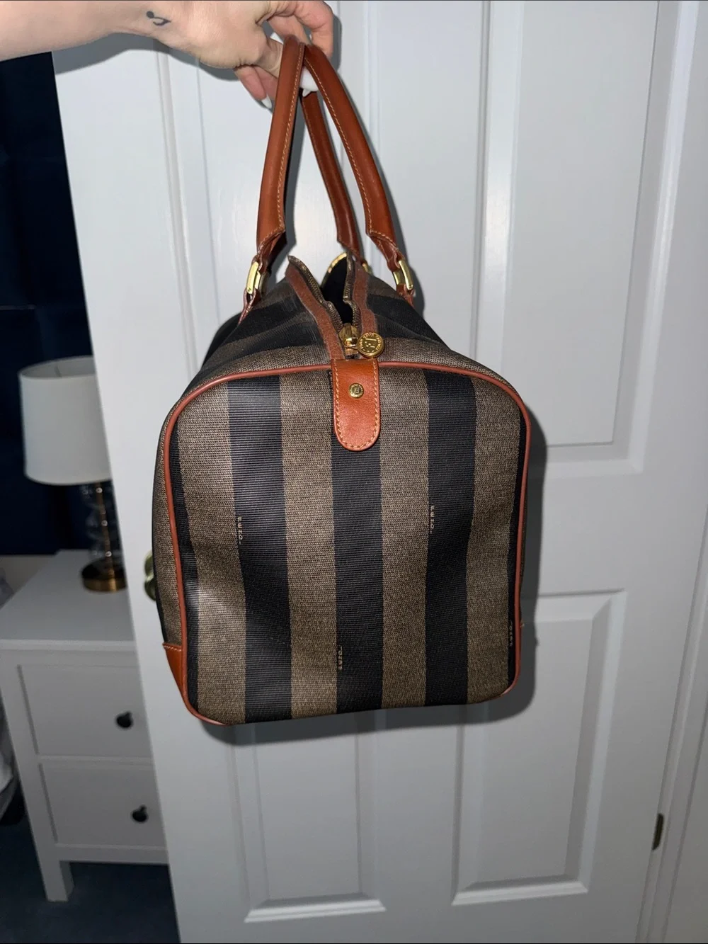 Fendi Vintage Pequin Brown & Dark Brown Striped Canvas Duffel with Leather Trim